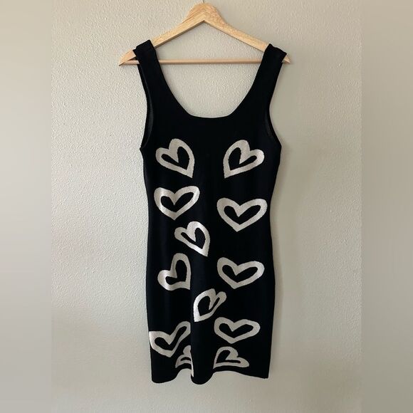 Aster Knit Bodycon Black and Cream Hearts Tank Mini Dress Size L - Picture 3 of 4